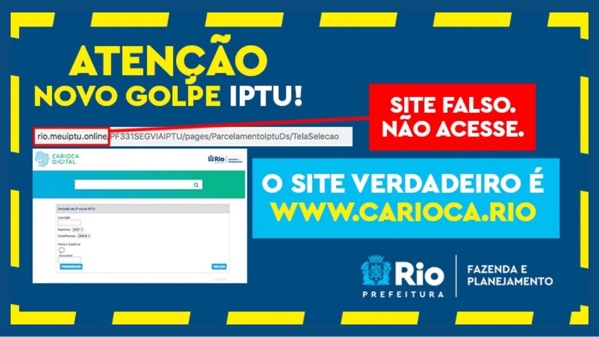 Prefeitura do Rio alerta sobre falso site de emissão de boletos do IPTU