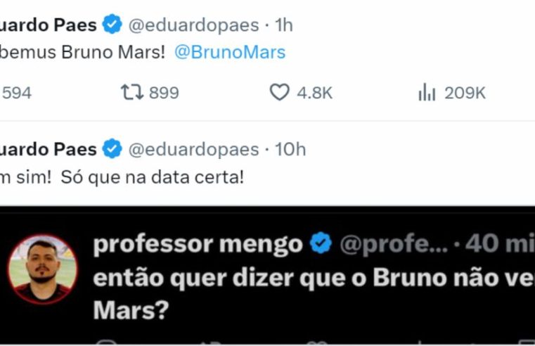 ‘Habemus Bruno Mars’: Eduardo Paes confirma show do cantor no Rio, ainda sem data marcada