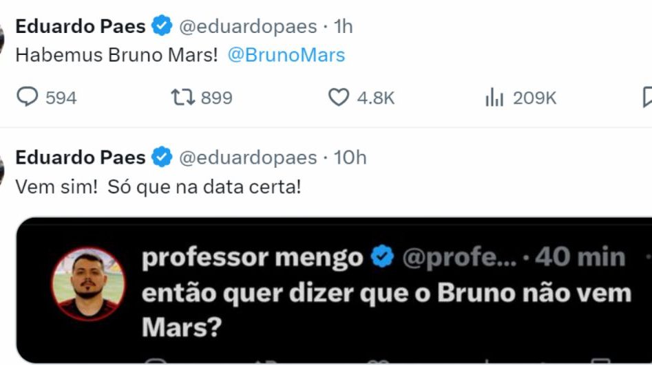 ‘Habemus Bruno Mars’: Eduardo Paes confirma show do cantor no Rio, ainda sem data marcada