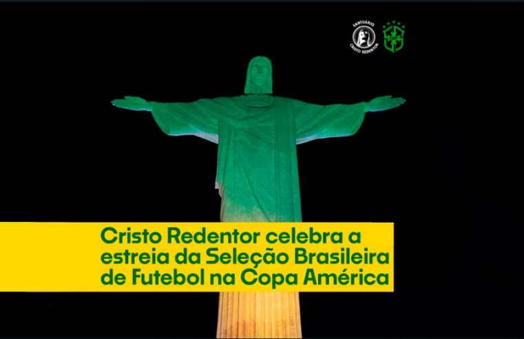 Cristo Redentor iluminado em verde e amarelo celebra estreia da Seleção Brasileira de Futebol na Copa América