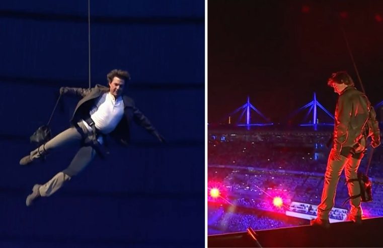 Tom Cruise relembra franquia ‘Missão Impossível’ e desce do teto de estádio na cerimônia de encerramento das Olimpíadas em Paris