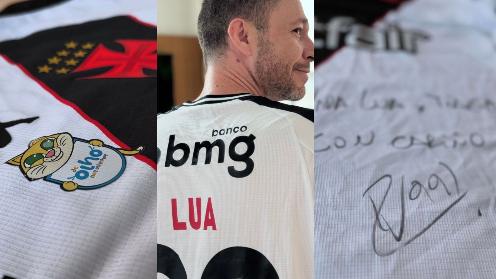 Tiago Leifert recebe camisa do Vasco com nome da filha, vestida na campanha contra câncer ocular