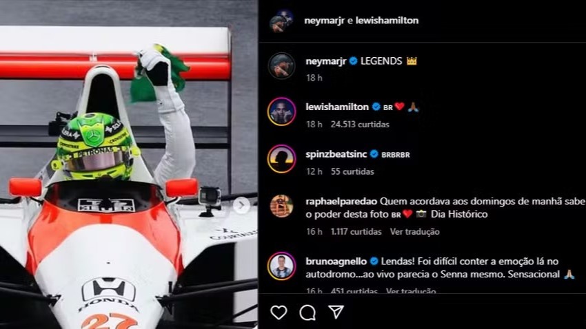 Neymar Jr. e Gabriel Medina celebram nas redes sociais homenagem feita por Hamilton à Senna: ‘Lendas!’