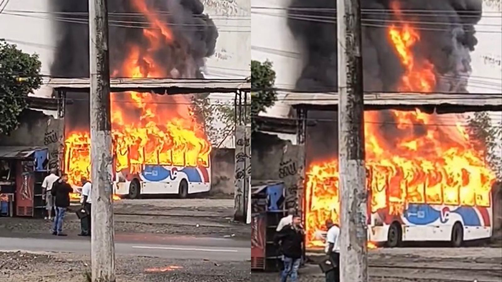 Ônibus pega fogo próximo à garagem de viação na Pavuna