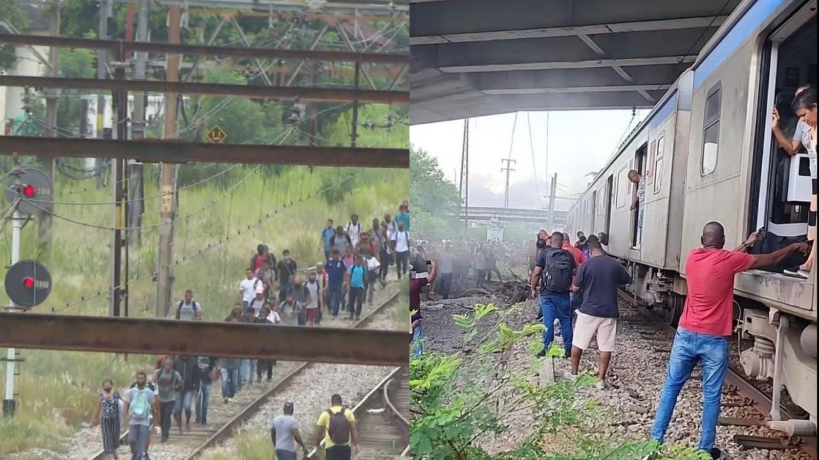 Passageiros andam pelos trilhos após trem parar na estação de Vigário Geral