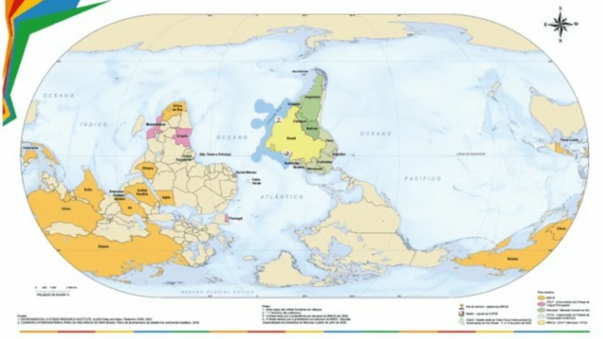 IBGE volta a mostrar mapa-múndi com Brasil no centro e hemisfério Sul no topo